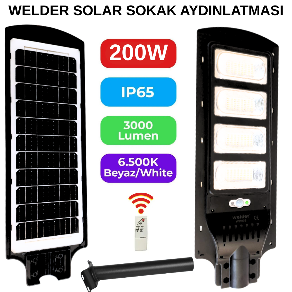 Welder 400W Solar Sokak Lambası 6500K IP65 Sensörlü Uzaktan Kumandalı Güneş Enerjili LED Aydınlatma - Görsel 2