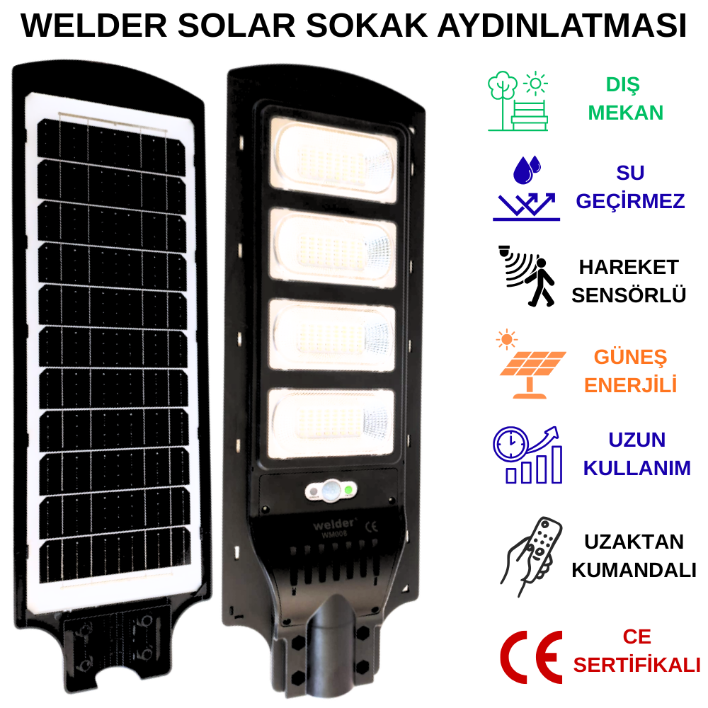 Welder 200W Solar Sokak Lambası 6500K IP65 Sensörlü Uzaktan Kumandalı Güneş Enerjili LED Aydınlatma - Görsel 3